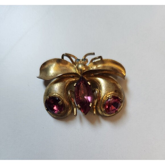 Vintage Czecho Gold Tone Purple Glass Insect Brooch Pin - Picture 2 of 5